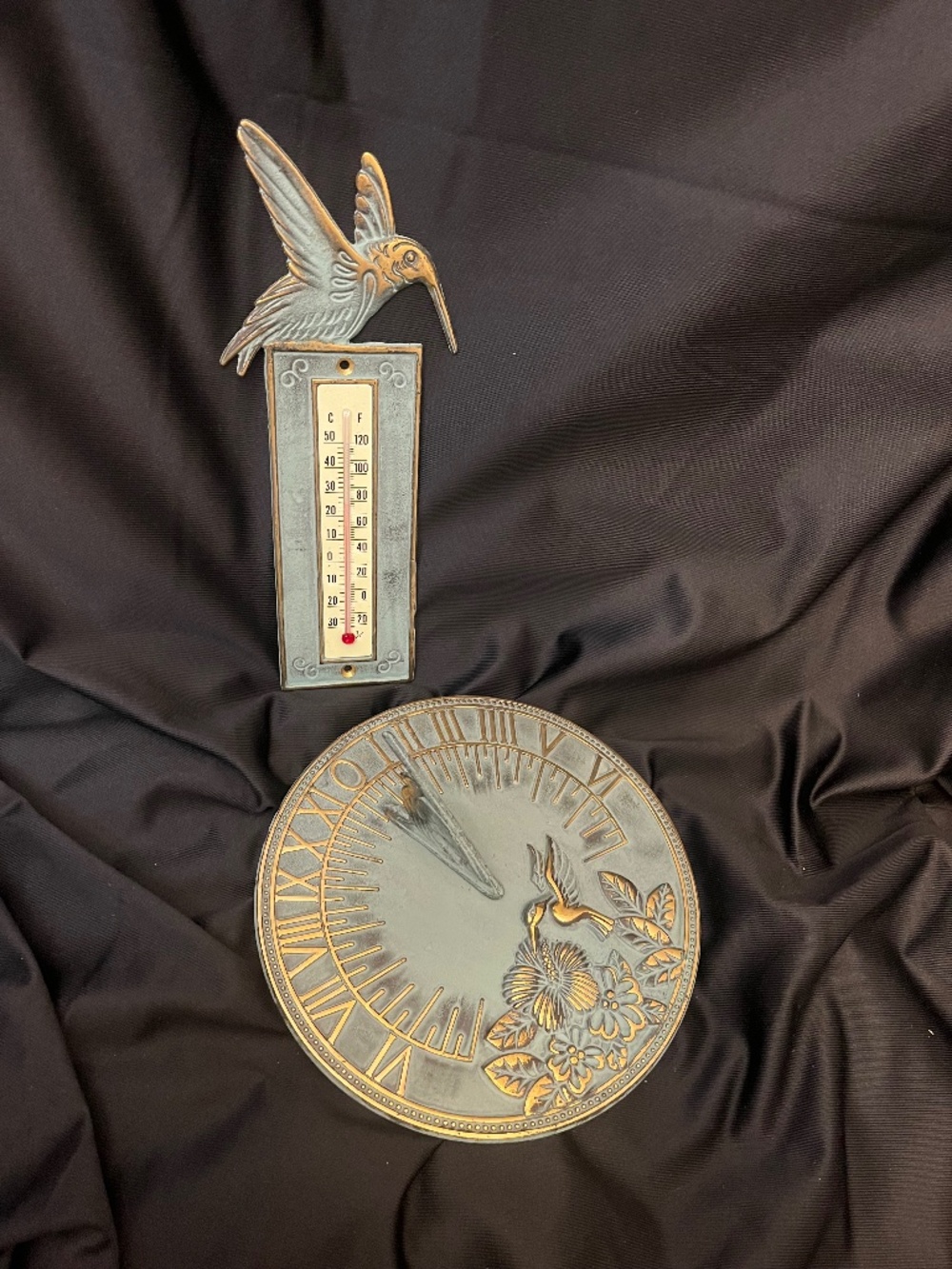 Retro Brass Decorative Hummingbird Sundial With Matching Wall Mount Thermometer